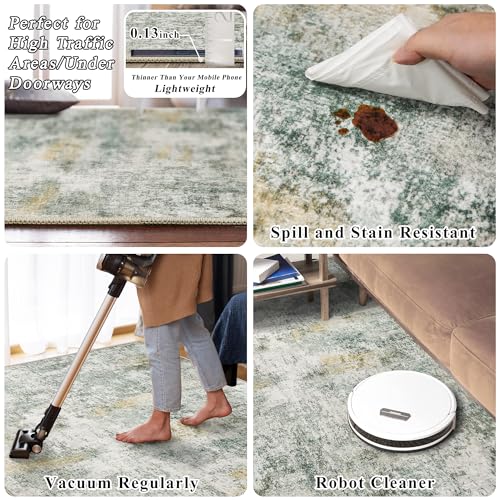 4x5 Washable Abstract Entryway Rug: Non Slip Area Rug for Living Room Green