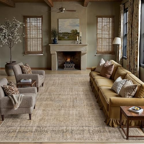 HUGEAR Brown 8x10 Washable Area Rugs for Living Room Bedroom Large Neutral Vintage Rug Soft Durable Carpet Distressed Non Slip & Shedding Stain Resistant Low Pile for Home Decor