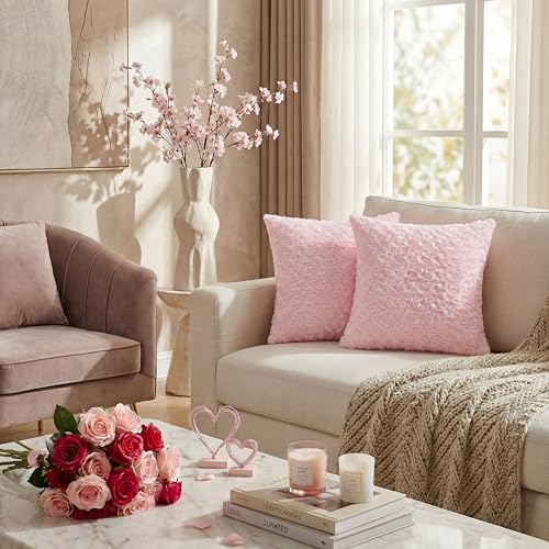 FUTEI Pack of 2 Solid Throw Pillow Covers 18x18 Inch Soft Rose Swirl Textured Decorative Cushion Case Modern Farmhouse Accent Decor for Couch Bed Living Room, Pink