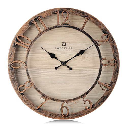 Lafocuse 12 Inch Brown Kitchen Farmhouse Wall Clocks Battery Operated | Raised 3D Numbers, Silent Non-Ticking, Wood-Grain Dial, Vintage Antique Rustic Distressed Style for Living Room Decor Bedroom