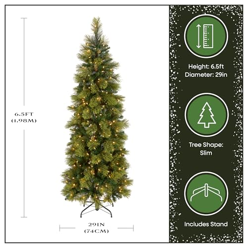 National Tree Company 6.5 ft Pre-Lit Carolina Pine Slim Artificial Christmas Tree, 350 Clear Lights, 516 Tips, Includes Stand, Green
