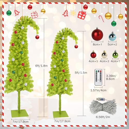HMASYO 5ft Whimsical Artificial Christmas Tree with 150 LED Timer Lights, Lime Green Bendable Christmas Tree with Ball Ornaments & Metal Base Holiday Decor for Home, Office, Party, Easy Assembly