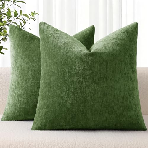 decorUhome Chenille Moss Green Throw Pillow Covers 18x18 Inch Set of 2, Decorative Soft Couch Pillow Covers Solid Dyed Accent Farmhouse Neutral Square Pillow Cases for Sofa
