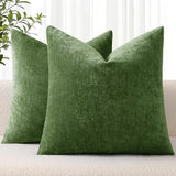 decorUhome Chenille Moss Green Throw Pillow Covers 18x18 Inch Set of 2, Decorative Soft Couch Pillow Covers Solid Dyed Accent Farmhouse Neutral Square Pillow Cases for Sofa
