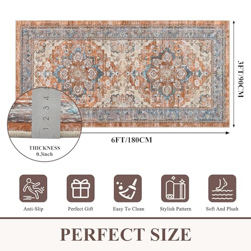 Washable Runner Rug 3x6, Floral Non Slip Boho Hallway Runner Rug with Rubber Backing, Low Pile Faux Wool Distressed Carpet for Kitchen, Laundry, Bedroom, Entrance