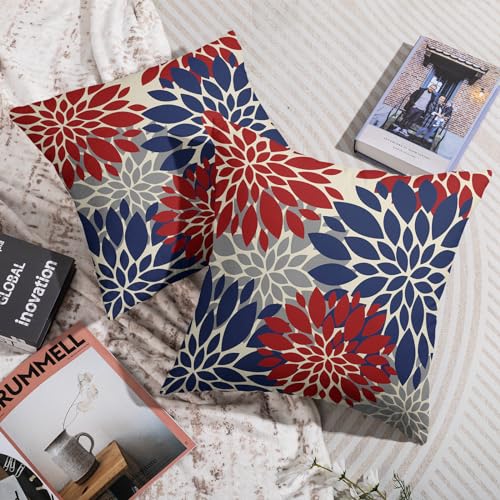 4th of July Pillow Covers 18X18 Inch Set of 2, Patriotic Blue Red Grey Modern Dahlia Floral Print Holiday Decorative Throw Pillow Covers Outdoor Farmhouse Cushion Case for Couch Sofa Bed Decor