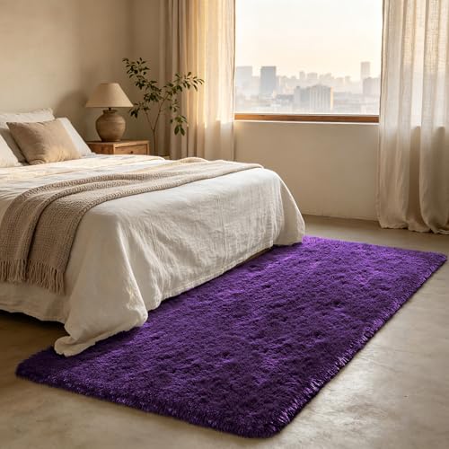 Shag Runner Rug for Bedroom Living Room 3x7 Upgrade Non-Slip Fluffy Soft Bedside Rugs,Purple Shaggy Purple Carpet for Livingroom Dorm Home Decor Aesthetic