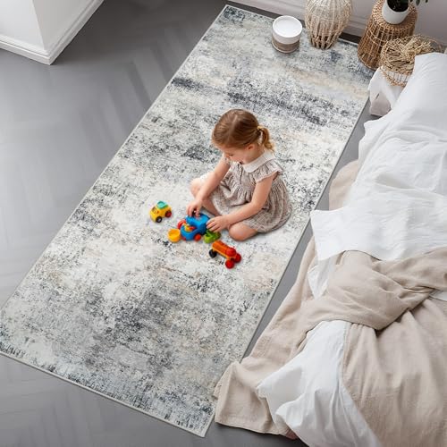 Non Slip 3x7 Rug Runner: Washable Abstract Rugs for Hallway Blue Grey