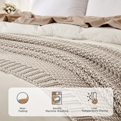 Joydeco Chunky Cable Knit Throw Blanket, Lightweight 100% Organic Cotton Soft Cozy Throw Twin Blanket for Couch Bed and Sofa, Rustic Breathable Farmhouse Blanket Gift for Women Men(Beige, 51"x63")