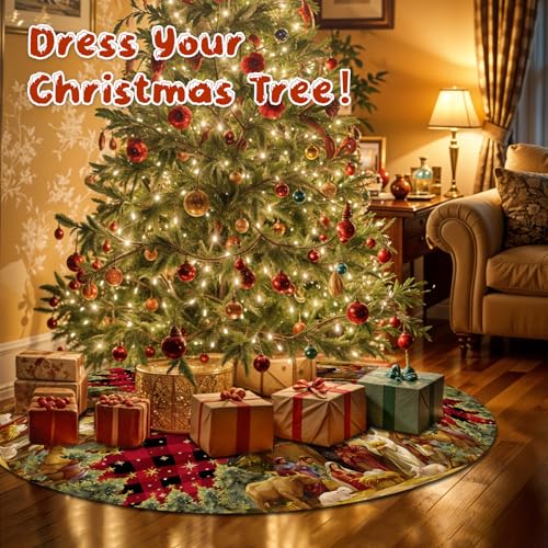 Nativity Christmas Tree Skirt 36 Inch, Christmas Skirt Tree Decoration with Buffalo Plaid Nativity, Christmas Trees Mat for Under Trees Holiday Party Indoor Decorations, Winter Gift for Women