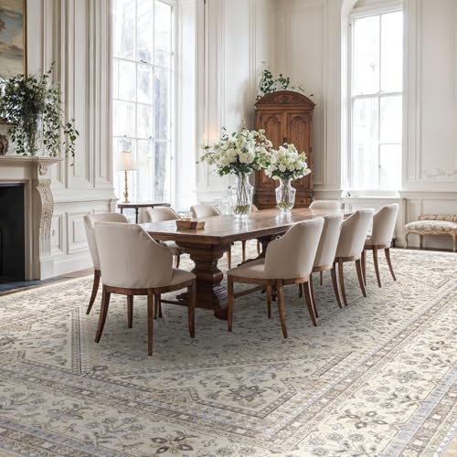 12x15 Washable Area Rug for Living Room - Non-Slip Vintage Rugs Beige Gray