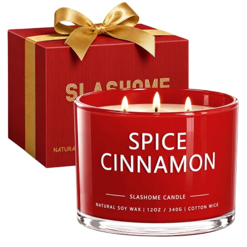 slashome Spice Cinnamon Scented Candle, 12 Oz 3-Wick Soy Wax Fall Decor