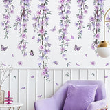 Hanging Creative Removable DIY Purple Flower and Vines Some Flying Butterfly Wall Sticker Waterproof Vinyl Wall Decal Decor for Home Girls Bedroom Kids Room Bedroom Living Room Wall Corner