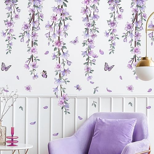 Hanging Creative Removable DIY Purple Flower and Vines Some Flying Butterfly Wall Sticker Waterproof Vinyl Wall Decal Decor for Home Girls Bedroom Kids Room Bedroom Living Room Wall Corner
