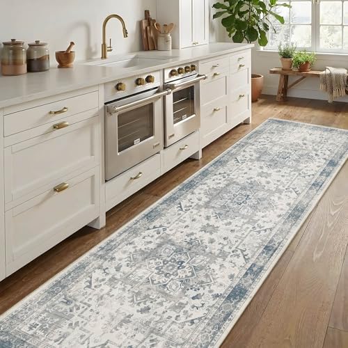2'6" x 8' Blue Vintage Runner Rug for Hallways Kitchen