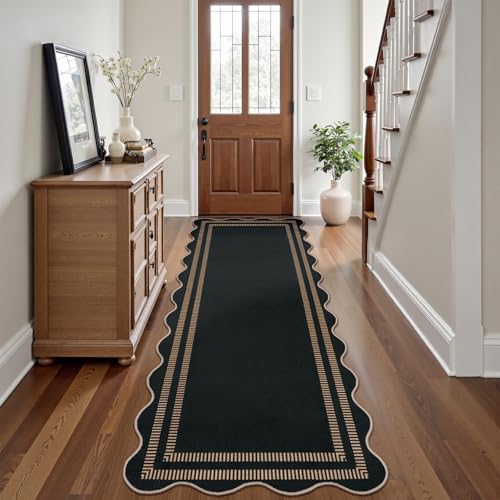 Scalloped 2.6x8 Kitchen Runner Rug, Washable Rugs for Entryway Non Slip Outdoor Indoor Black Long Rug, Farmhouse Modern Carpet for Hallway Bedroom