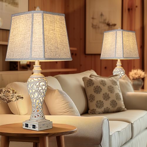 LuxSight Collection 28.5" Table Lamps Set of 2 - Bedside Lamp with Fabric Shades - for Bedroom and Living Room with USB and Nightlight - Perfect for Nightstands and Bedrooms