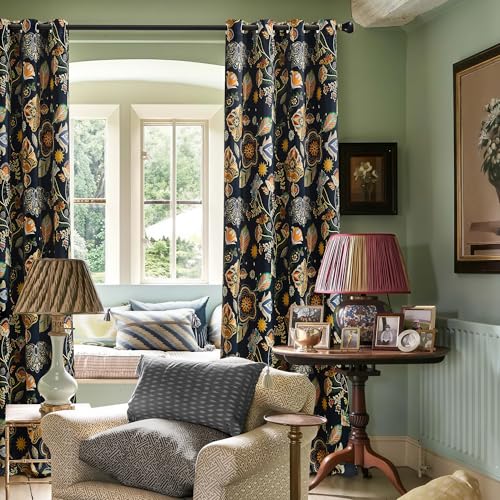 XiDi Navy Blue Vintage Floral Patterned Blackout Curtains Boho 84 Inches Long for Living Room Bedroom 2 Panels Thermal Insulated Luxury Modern Dark Botanical Printed Curtains Grommet Drapes 52x84
