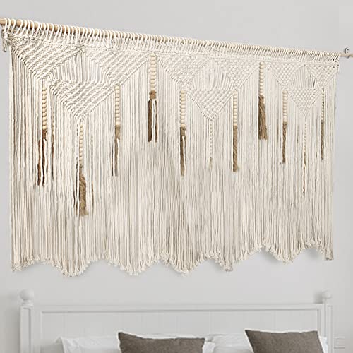Extra Large Macrame Wall Hanging 70.8" × 39" Boho Tapestry Woven Decor- Cotton Tassel Curtain Beige Chic Bohemian Wall Art for Home Living Room Bedroom Dorm Wedding (Includes Rod)