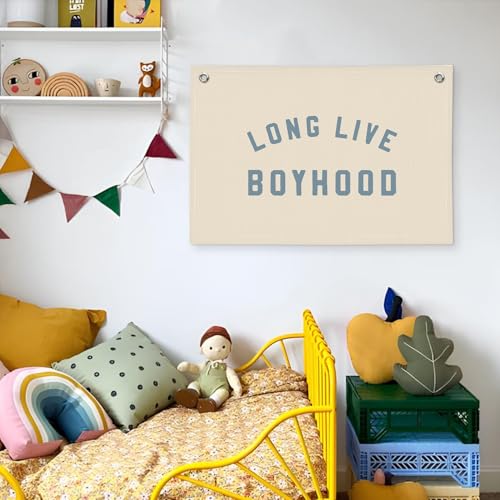 Boys Room Decor, Long Live Boyhood Banner, Baby Boy Shower Decorations, Linen Canvas Banner Wall Hanging Flag Decor for Toddler Boy Room Nursery Playroom 20x30