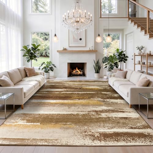 9x12 Area Rugs for Living Room, Brown Modern Abstract Rugs