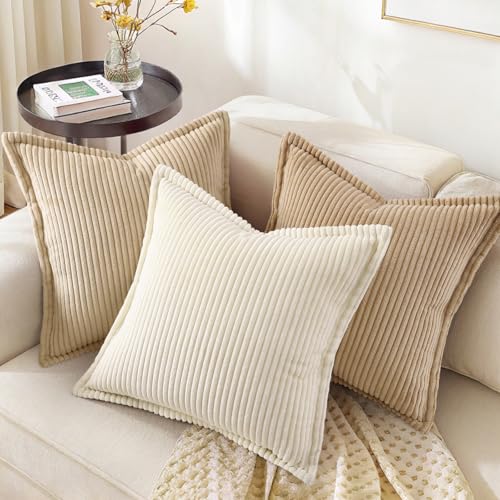 decorUhome Summer Corduroy Cream White Throw Pillow Covers 18x18 Set of 2 Decorative Soft Boho Farmhouse Couch Pillow Covers for Living Room Bed Sofa Broadside Striped Pillow Cases