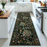 Floral Washable Runner Rug 2x8 Non Slip, Boho Flower Hallway Runner, Botanical Birds Indoor Ultra-Thin Soft Floor Carpet Runner for Kitchen Laundry Bath Room Entrance, Black