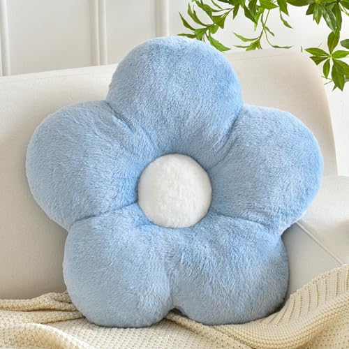 Flower Pillows, Soft Flower Shaped Pillow with Home Decorative for Couch Chair Bed,Flower Floor Throw Pillows for Adults Bedroom Living Room (Grey Blue, 15 Inches)