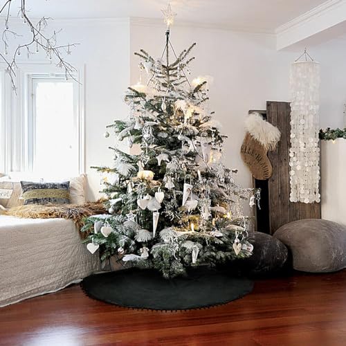 Christmas Tree Skirt, Black Christmas Tree Skirt 48 inches Soft Double Layer Burlap Tree Skirt with Pom Pom for Rustic Christmas Halloween Decorations