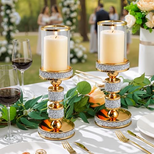 Hurricane Candle Holder, 13.5" Tall Metal Candle Stand, Glass Pillar Candle Holders, Crystal Gold Decorative Centerpieces for Table, Wedding and Dining Room (Fits Candles up to 3"x5", 2pcs, M)