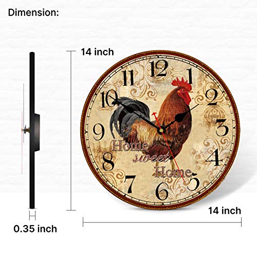 TAHEAT 14 Inch Rustic Rooster Wall Clock Retro Silent Non Ticking Easy to Read Clock, Battery Operated Decorative Wall Clocks for Kitchen/Living Room/Bedroom/Farmhouse Decoration