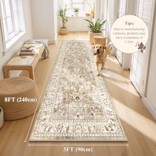 LOKHOM 3x8 Washable Hallway Runner Rug, Boho Non-Slip Kitchen Rugs, Beige