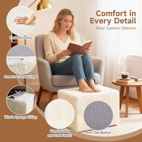 Tiita Square Stuffed Pouf Ottoman, Plush Poufs with Foam Chunk Filling, Foot Rest Stool for Living Room, Cream