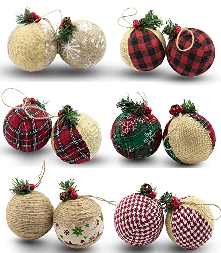 Burlap Christmas Hanging Ornaments, Farmhouse Rustic Christma Decorations, Natural Jute Ball Ornaments for Xmas Holiday Party Home Decor 12Pcs