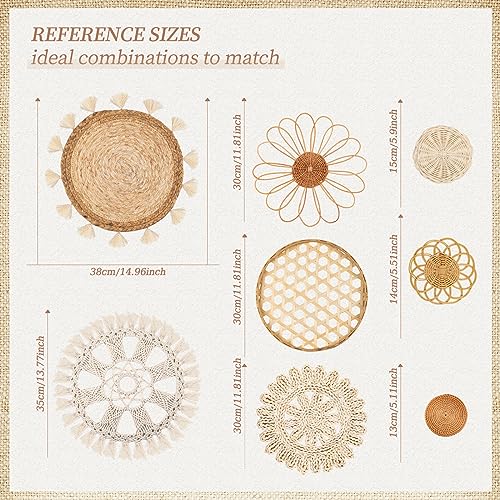 Boho Wall Basket Decor Set of 8 - Flat Woven Basket Wall Hanging Decor,Round Tassels White Macrame Tapestry Wall Decor Art,Handmade Rattan Wicker Seagrass Home Wall Baskets Decor（Boho Classic)
