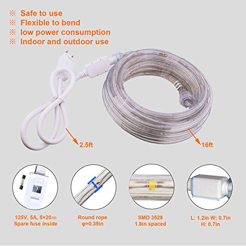 Rope Lights, 16Ft Waterproof Connectable Strip Lighting Blue, Indoor Outdoor Mood Lighting for Home Christmas Holiday Garden Patio Party Decoration