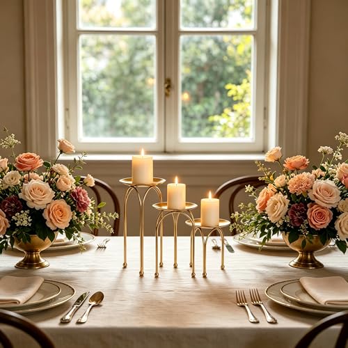 Hosley Style Gold Iron Pillar Candle Holders - Set of 3 Round Tripod Candle Stands, Elegant Metal Decorative Display Risers for Wedding Centerpieces, Home Dining Table, Party & Mantel Decor
