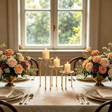 Hosley Style Gold Iron Pillar Candle Holders - Set of 3 Round Tripod Candle Stands, Elegant Metal Decorative Display Risers for Wedding Centerpieces, Home Dining Table, Party & Mantel Decor