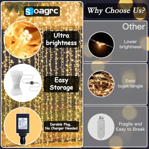 200 LED Warm White Curtain String Lights 9.8x6.6FT, Plug in Fairy Lights with 9 Hooks, Dimmable, Timer & 8 Modes, IP44 Waterproof, Bedroom Wall Wedding Party Christmas Indoor Outdoor Decor