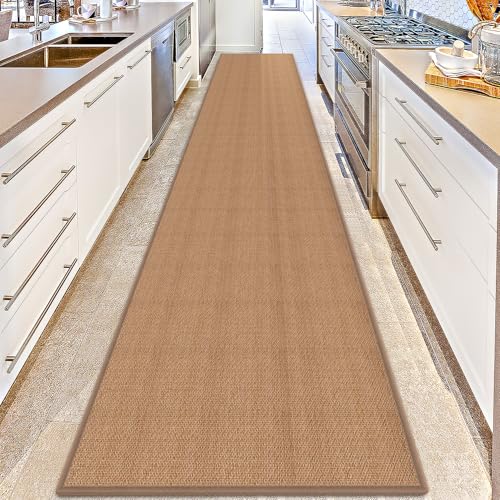 12ft Natural Jute Hallway Runner Rug Non Slip Washable, Rubber Backed Long Indoor Entryway Runner, Absorbent Kitchen Carpet Sink Rug, Camel