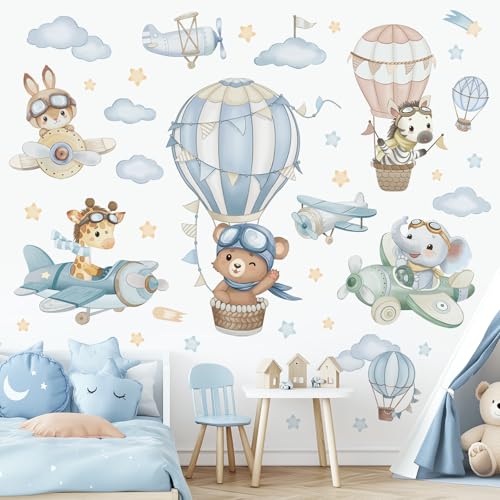 wondever Watercolor Hot Air Balloon Animals Wall Stickers Airplane Bear Elephant Cloud Peel and Stick Wall Art Decals for Kids Baby Nursery Bedroom
