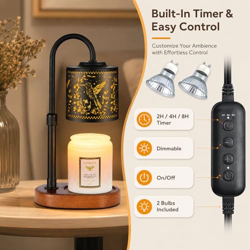 Dimmable Candle Warmer Lamp with Timer Adjustable Height for Scented Jar Candles Electric Candle Wax Melt Warmer for Home Decor Christmas Birthday Gifts for Women Mom(Hummingbird)