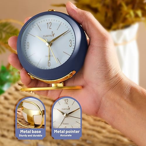 FLOITTUY Silent Table Analog Alarm Clock No Ticking, Lighted on Demand and Battery Operated, Beep Sounds, Small Desk Clock(Navy Blue)