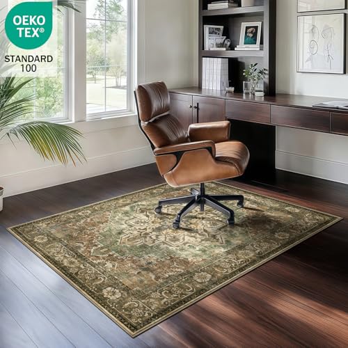 Washable 4x6 Area Rug, Green Vintage Floral Non-Slip for Bedroom, Entryway