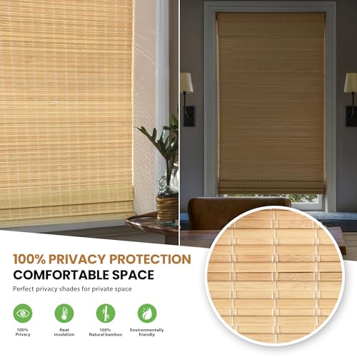 LazBlinds No Tools No Drill Cordless Bamboo Roman Shades, Privacy Room Darkening Window Treatment, Roll Up Bamboo Blinds for Window 26'' W x 64'' H, DP-Natural
