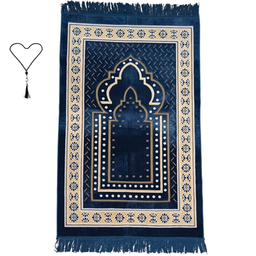 Prayer Mat Rug for Muslim Men, Women or Kids, Portable Praying Mat and Prayer Beads Sets for Islamic Gifts – Muslim Prayer Rug For Ramadan, Umrah, Hajj - Turkish Rug for Meditation and Worship (BLUE)