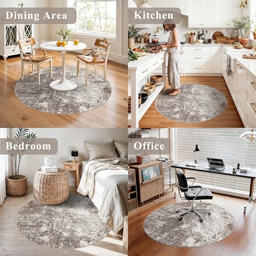 4ft Washable Kitchen Round Rug: Non-Slip Small Circle Rug for Bathroom,Living Room,Bedroom – Soft Modern Neutral Abstract Circular Carpet (Brown Beige,4x4)
