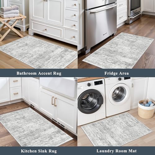 Washable Rug 2x3 for Entryway, Small Non-Slip Kitchen Throw Mat for Sink, Soft Low-Pile Stain & Fade-Resistant Indoor Mat for Pet Area & Bathroom (Grey/Ivory)
