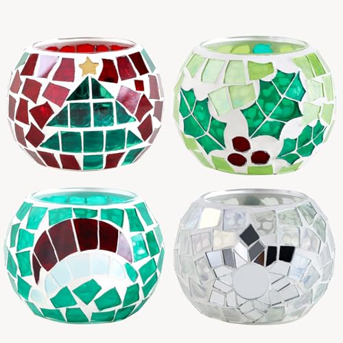 4 PCS Mosaic Glass Tealight Votive Candle Holders - Red & Green Christmas Table Centerpiece Decorations for Indoor/Outdoor Holiday Decor