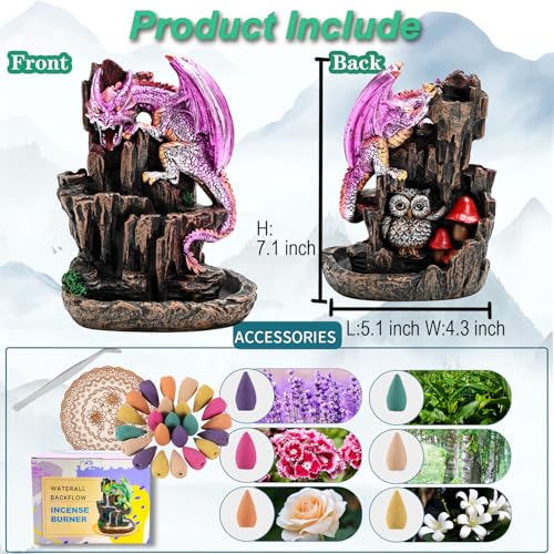 Dragon Backflow 2 Sided Mountain Waterfall Incense Burner,Fountain Smoke Incense Holder with Backflow Incense Cones, Tweezers, Mat，Resin Aromatherapy Meditationvaiuk (Purple)